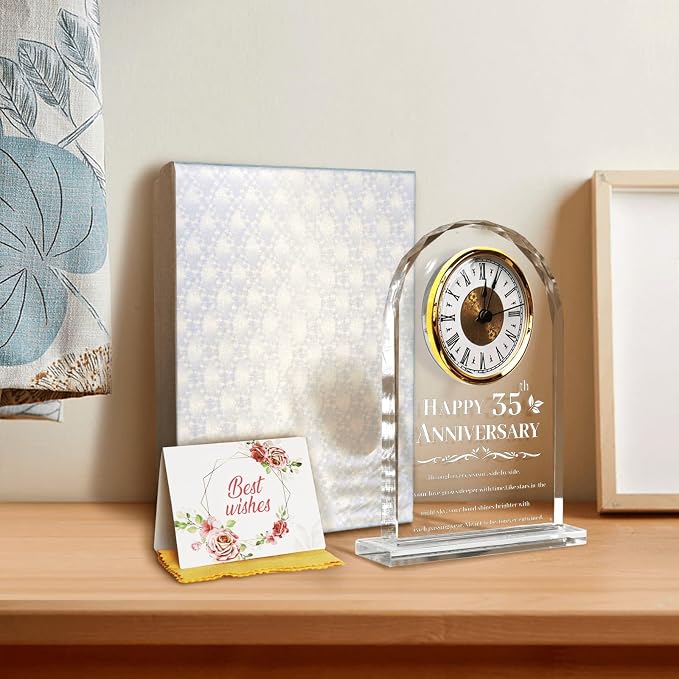 35th Wedding Anniversary Clock Gifts for Couples - Elegant Crystal Glass Clock Keepsake for Husband & Wife - Unique Home Decor for 35 Years of Marriage