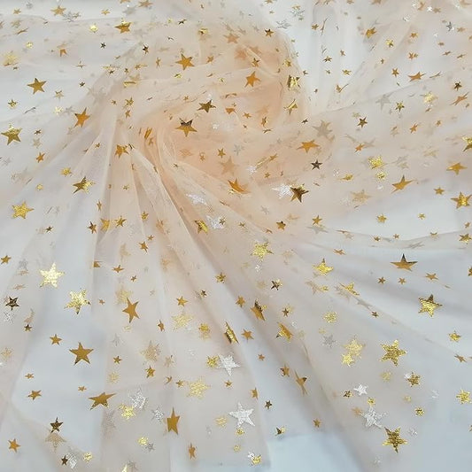 Glitter Star Bobbinet Tulle Netting Fabric By The Yard 62" Wide Champagne 1yard