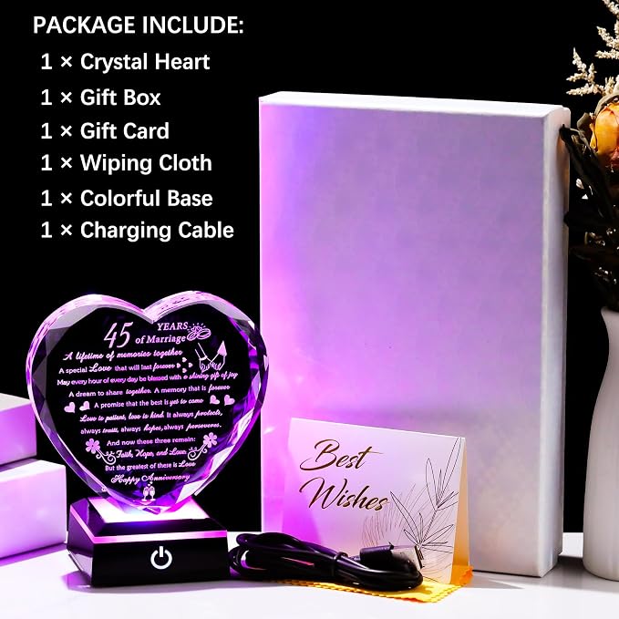 Arikyrist 45th Wedding Anniversary Crystal Gifts for Couples Parents, Romantic Heart 45th Anniversary Keepsake Gifts Ideas for Her Him, 45 Years of Marriage Gift for Wife Husband
