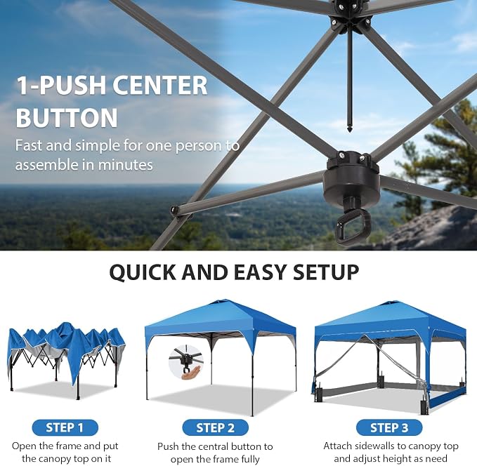 8x8 FT 1-Button Push Pop Up Canopy with 4 Clear PVC Sidewalls, Sandbags, Instant Canopy Tent for Outdoor Events