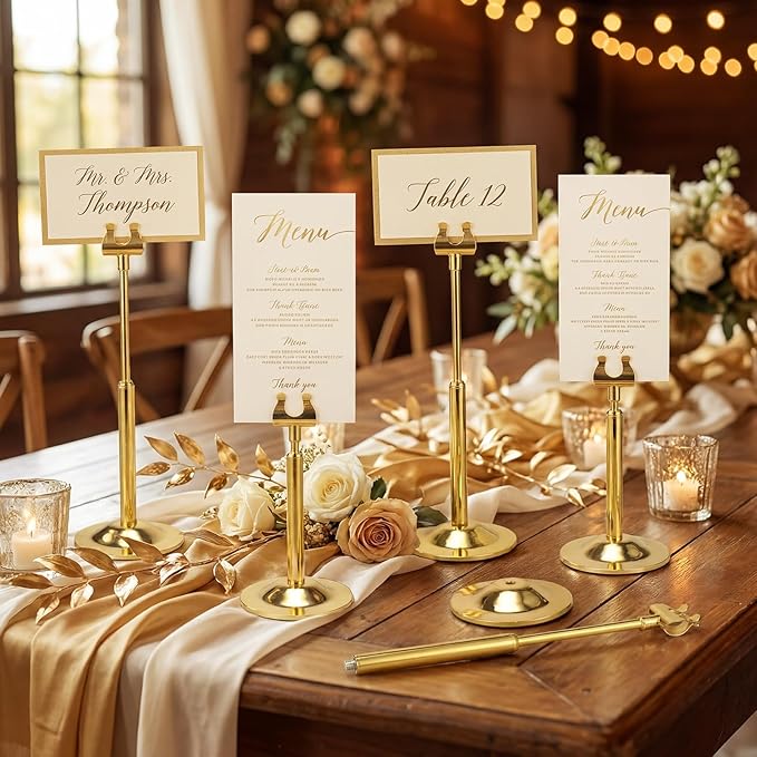 Kathfly Gold 12 Set Table Number Holders Adjustable Metal Place Card Holders Harp-clip Tabletop Sign Stands Detachable Card Holder for Weddings Birthday Restaurants Table Decor (4.9-7.3 Inch)