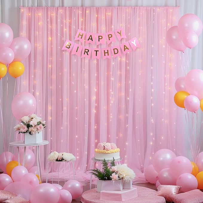 10x8ft Baby Pink Tulle Backdrop Curtain with Lights String for Parites, Sheer Photo Backdrop Curtains with Lights for Wedding Backdrop Ceremony Reception Bridal Shower Baby Shower Birthday Party
