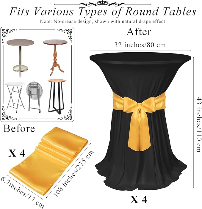 Kochorie 4 Set Cocktail Table Covers with Satin Sash, 32 x 43 Inch Round Cocktail Table Skirt, Spandex Stretch High Top Tablecloth for Wedding Banquet Birthday Party Decorations, (Black, Gold)
