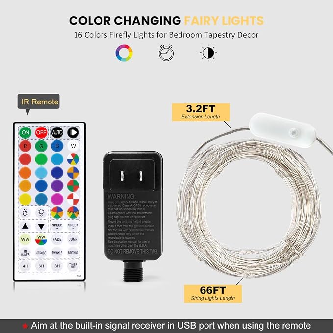 Fairy Lights Plug in 66ft 200LEDs with Remote, 20 Color Changing Light Warm White Twinkle Firefly String Lights for Christmas Bedroom Tapestry Party Wedding, Multicolor Colors (Plug)