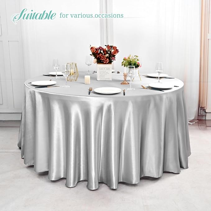 12 Pack 90 Inch Round Tablecloth, Silver Satin Fabric Table Cloth for Round Table, Wrinkle Resistant Washable Table Cover Bright Silk Table Clothes for Wedding Party Dining Table Banquet