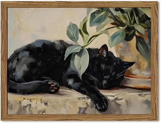 Framed Black Cat Canvas Wall Art, Vintage Sleeping Cat with Plant Picture Wall Decor Paintings, Cute Animal Poster Prints Rustic Aesthetic Home Decor for Living room Bedroom Bathroom 16x24 inch