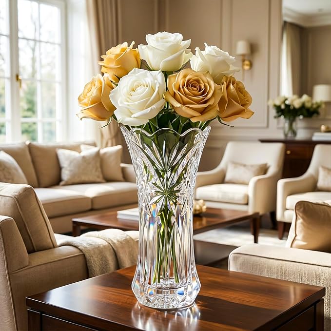 JASVIC 12 Inch Crystal Vases for Flowers, Tall Glass Flower Vase for Bouquet, Elegant Modern Large Vase, Starburst Design Decorative Vase for Living Room Centerpiece, Mother's Day, Wedding Gift