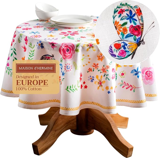 Maison d' Hermine Table Cloth Round Table 100% Cotton 63 Round Inches Tablecloth Reusable Decorative for Dining Kitchen Room Farmhouse Party Home Hotel Restaurant Spring Summer- Happy Florals - Sweety