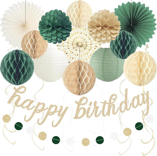Sage Green Happy Birthday Decorations for Women, Pre-Strung Happy Birthday Banner with Honeycomb Balls, Paper Flowers, Lanterns, Hanging Swirls, Circle Dots Garland for Birthday Party Decor 24pcs