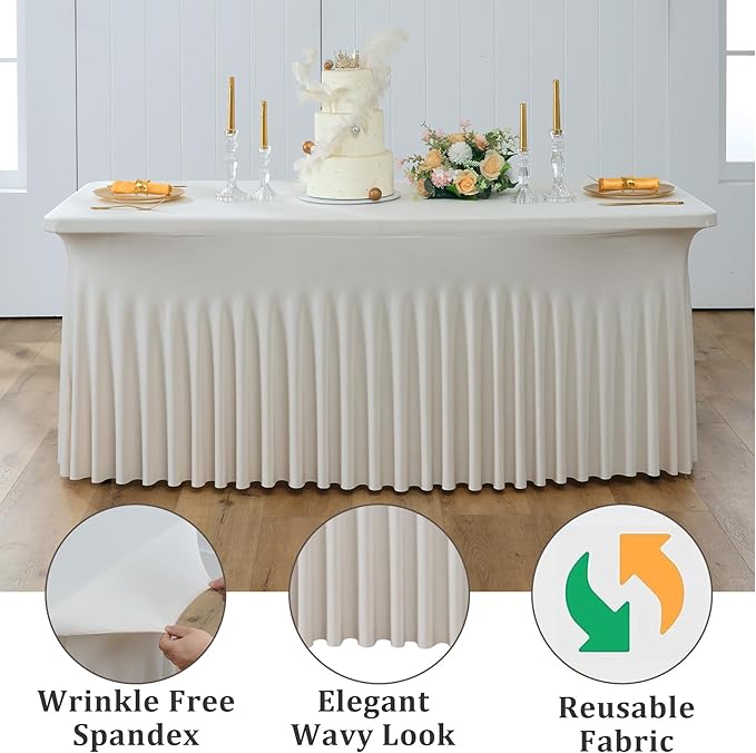2 Pack Beige Spandex Table Clothes for 8 Foot Rectangle Tables, Wrinkle Free Fitted Table Cover 8ft Stretch Tablecloths Desk Skirt for Parties Weddings Birthday Banquet Baby Shower