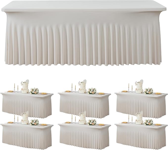 6 Pack Beige Spandex Table Clothes for 8 Foot Rectangle Tables, Wrinkle Free Fitted Table Cover 8ft Stretch Tablecloths Desk Skirt for Parties Weddings Birthday Banquet Baby Shower