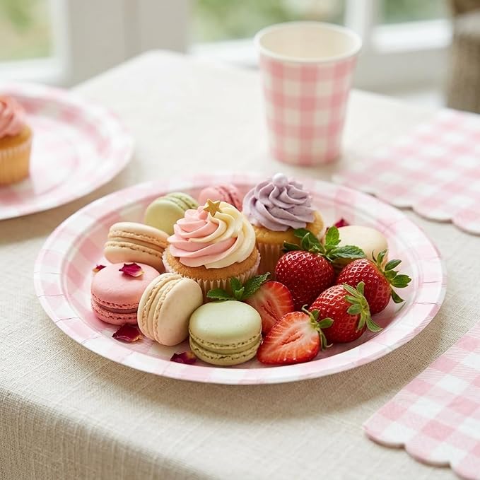 LINHAXM 175 PCS Pink Gingham Party Supplies, Pink Gingham Paper Plates, Cups, Napkins, Cutlery Pink Party Decorations for Bridal, Wedding, Birthday Party, Outdoor Picnic, Serves 25