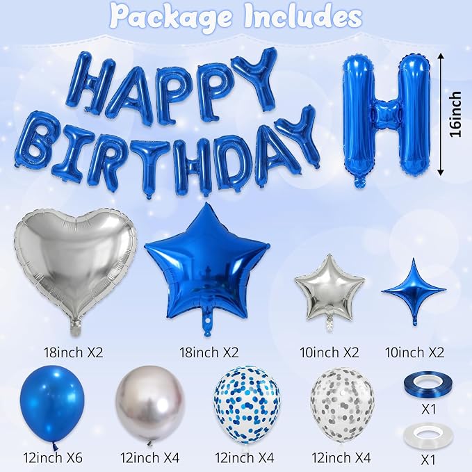 Blue Silver Birthday Decorations for Boys Dark Royal Navy Blue Metallic Silver Confetti Balloon Happy Birthday Banner 18/10 Inch Heart Foil Balloons Star Balloon for Men Bday Party Supplies