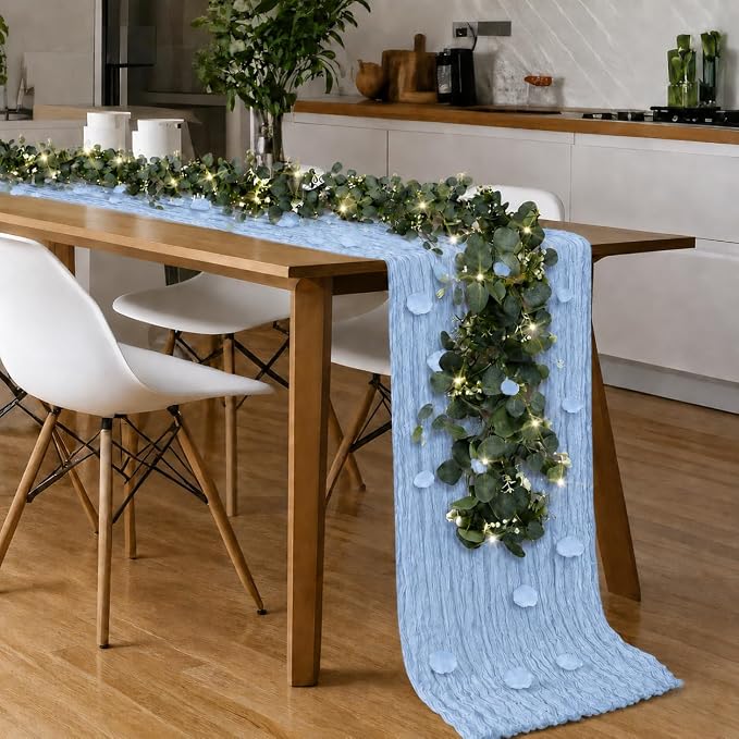 Cinrobiye 11PCS Boho Cheesecloth Table Runner Set with Rose Petals, 120'' Gauze Table Runner, Wrinkled Napkins, Eucalyptus Garland and String Lights for Wedding Baby Shower Tea Party Decorations
