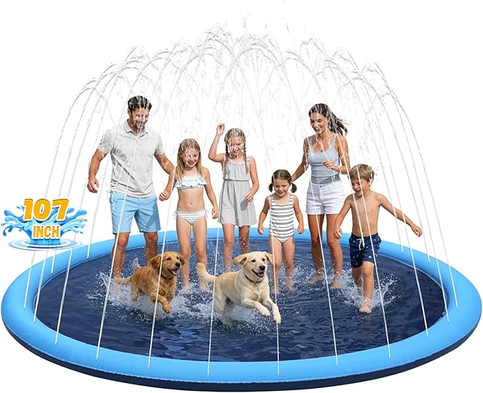 107inch Extra Large Non-Slip Splash Pad Sprinkler for Kid and Dog, Kid Outdoor Toys for Ages 3-12 Boys Girls, Kiddie Dog Pool, Summer Outdoor Water Kids Toys, Parent Games, Backyard, Lawn