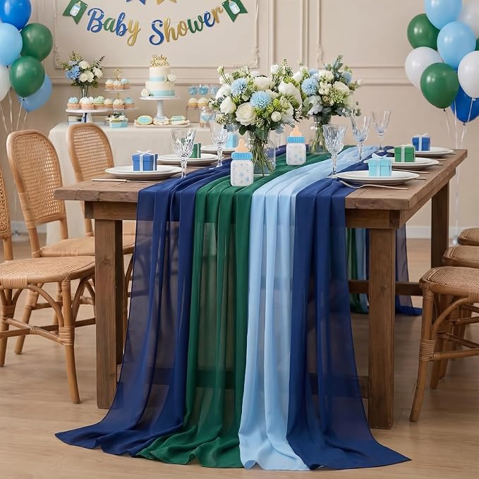Boao 6 Pcs Blue and Green Party Decorations Table Runner Cloth 10Ft Boho Sheer Rustic Fabric for Wedding Birthday Party Baby Bridal Shower Graduation Dawn Sunset Decor
