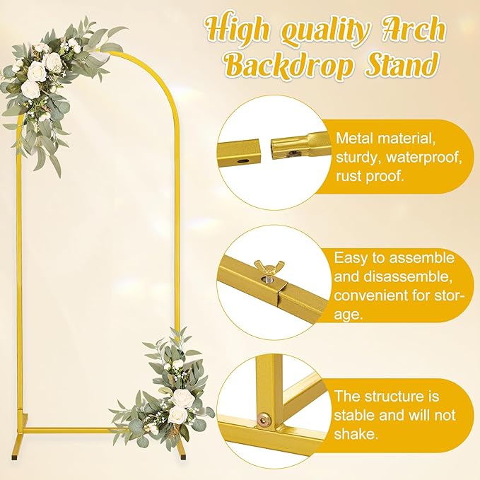Metal Arch Stand and Cover Set,1 Pink Spandex Fitted Backdrop with 1 Gold Wedding Arched Stand Frame for Parties Birthday Baby Shower Bridal Banquet Decoration (6.6FT)