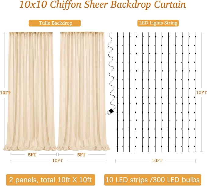 10ft x 10ft Champagne Chiffon Backdrop Curtain with Lights String for Parties,2 Panels Sheer Chiffon Curtain Wedding Backdrop with Lights for Baby Shower Birthday Ceremony Reception Home Decorations