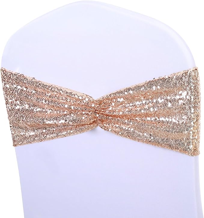 SquarePie Pack of 100 Chair Sashes Bands Rose Gold Stretch Spandex One-Sided Sequin Chair Bows Sashes for Wedding Party Fiesta Decor