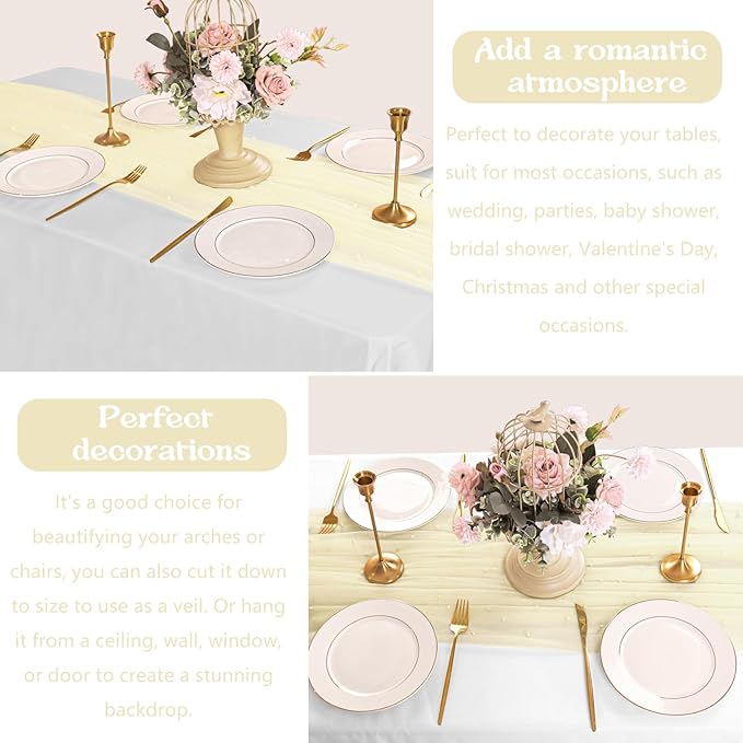 Fivenl 12 Pack 10FT Pearl Table Runner 30x120 Inch Beige Tulle Fabric Boho Rustic Sheer Table Runners Lace Table Cloth for Wedding Bridal Shower Birthday Party Arch Veil Dessert Table Decor (Beige)