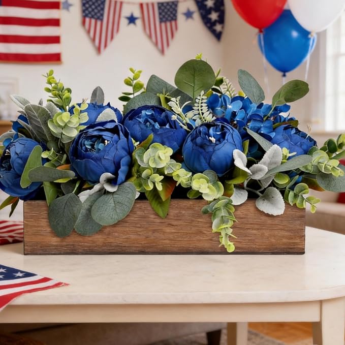 Royal Blue Flower Centerpieces for Table, Pre-Made Artificial Peony Hydrangea Centerpieces for Dining Table Wood Flowers Centerpieces for Wedding Graduation Living Room Party Bar Kitchen Table