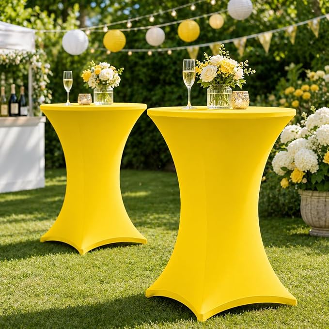 Cocktail Table Covers - 6 Pack 32x43 Inch Table Cloth - Yellow Fitted Stretch Spandex Round High Top Tablecloth for Party, Bar, Birthday, Pub, Banquet