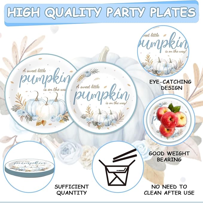 96Pcs Little Pumpkin Baby Shower Party Plates and Napkins, Fall Autumn Pumpkin Party Decorations for Boys Autumn Dessert Plates, Blue Thanksgiving Tableware Decor, Serves 24