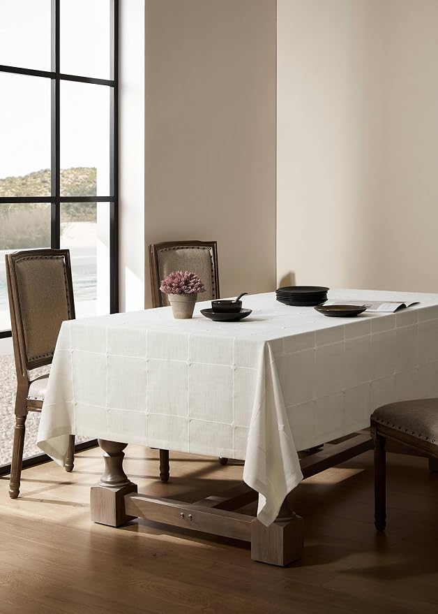 ZeeMart Grid Embroidered Hemmed Tablecloths, Off White 52x52 Inch, Farmhouse Style Heavy Weight Cotton Linen White Tablecloths, Boho Plaid Water Resistant Square Table Cloth