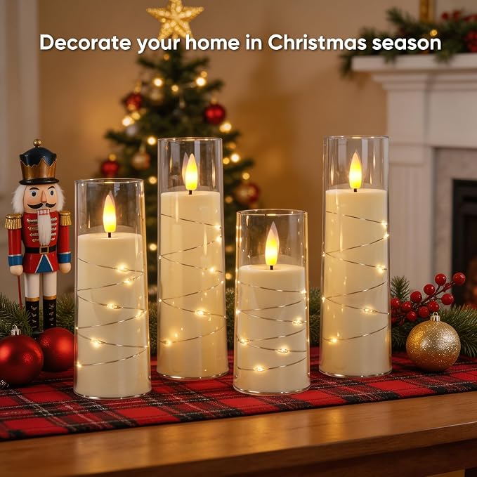 Raycare Flameless Candle with Remote Timer, 18 Flickering Acrylic Battery Operated LED Pillar Candles with Embedded Star String for Home Decor(Ivory)