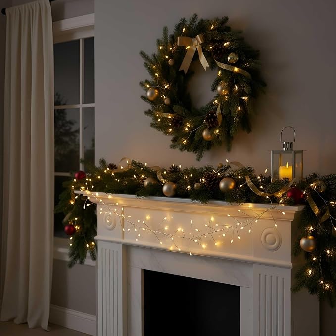 QBIS 400 LED Cluster Lights on Silver Wire. Warm White Fairy Lights Plug in, 16.5ft Christmas Lights for Christmas Tree and Fireplace Mantel. Indoor Outdoor Firecracker Light String.