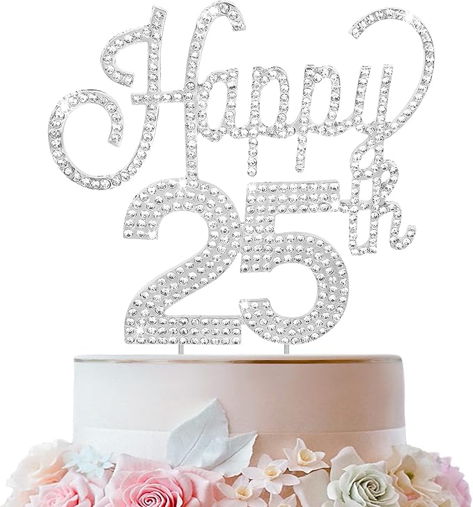 LINGTEER Happy 25th Birthday Silver Rhinestone Cake Topper - Cheers to 25th Birthday 25 Years Old Anniversary Party Cake Centerpieces Topper Decorations Gift Sign.