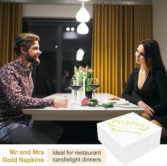 200 Pack Gold Foil Mr and Mrs Wedding Cocktail Napkins for Wedding Party Reception Dessert Cake Table Decorations Welcome to Our Beginning Disposable Napkins
