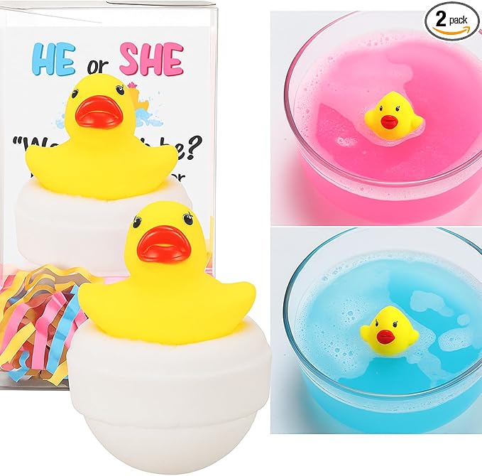 2 Pcs Duck Gender Reveal, Bath Bomb Ducks Pink or Blue for Baby Shower Party Gift with PVC Box, Card & Confetti for Gender Reveal Birthday Party Decorations