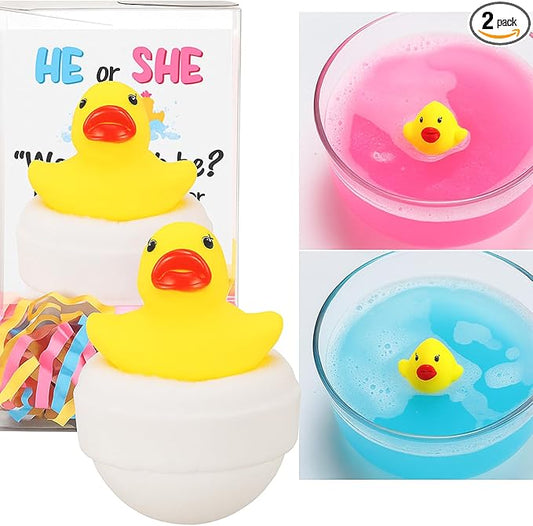 2 Pcs Duck Gender Reveal, Bath Bomb Ducks Pink or Blue for Baby Shower Party Gift with PVC Box, Card & Confetti for Gender Reveal Birthday Party Decorations