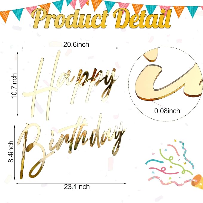 Yousoontic Happy Birthday Sign for Backdrop Large Happy Birthday Sticker Letter Acrylic Mirror Decal for Balloon Arch Wall Kpop Party, Peel Off Acrylic Film(23 x 20 Inches,Classic,Gold)