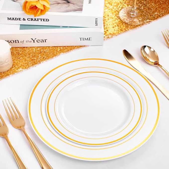 FLOWERCAT 60PCS Gold Plastic Plates - Heavy Duty White and Gold Plastic Plates Disposable for New Year Party/Wedding - Include 30PCS 10.25" Dinner Plates and 30PCS 7.5" Dessert Plates