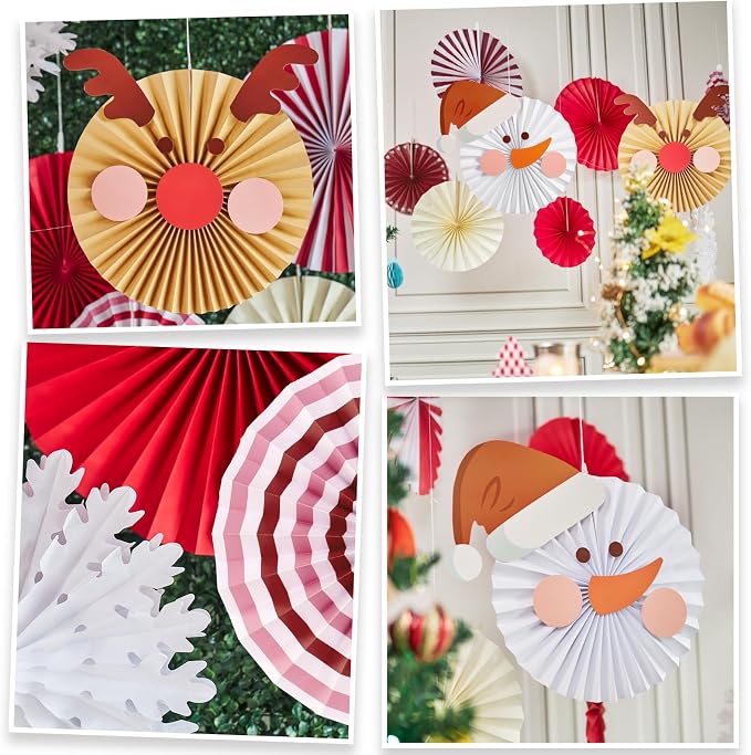SUNBEAUTY Christmas Party Decorations Christmas Classroom Decorations Hanging Paper Fans with Reindeer Snowman for Xmas Holiday Ceilings Wall Decor Winter New Year Party Supplies