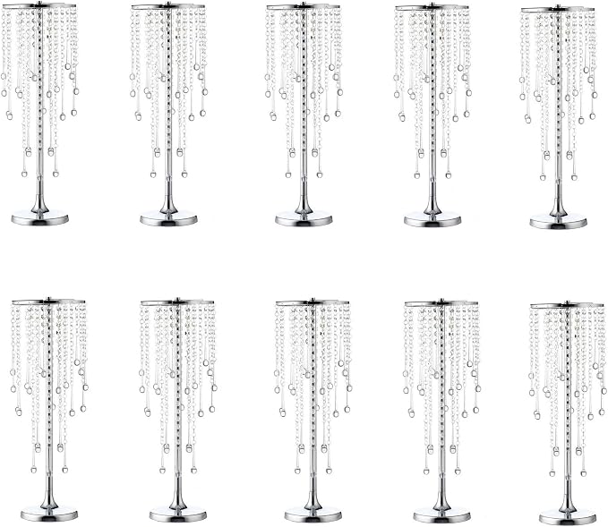 Bigsee 10 Pcs 21.65 inches Crystal Flower Stand Wedding Centerpieces for Tables, Tabletop Silver Metal Flower Arrangement Holder, Elegant Bulk Metal Vases for Reception Party Ceremony Decoration