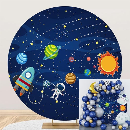Polyester Diameter 6ft Round Cartoon Galaxy Photo Backdrop Starry Sky Rocket Astronaut Planet Photography Background Baby Shower Children Birthday Party Decoration Supplies