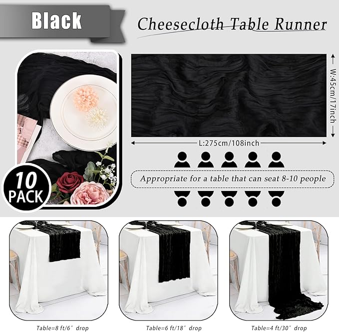 10 Pack Black Cheesecloth Table Runner 17x108 Inch Semi Sheer Boho Rustic Gauze Cheese Cloth Table Runners for Wedding Party Birthday Baby Shower Home Décor