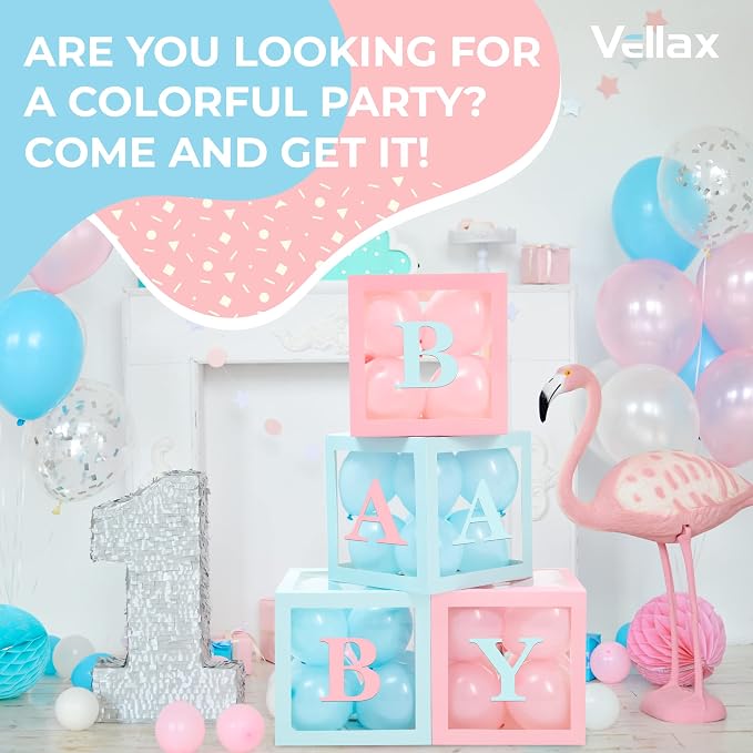 44-Piece Baby Shower Decorations for Boy or Girl - 4 Boxes with Letters and 32 Balloons - Macaron Blue and Pink - Gender Reveal Party Supplies - Complete Decoration Kit