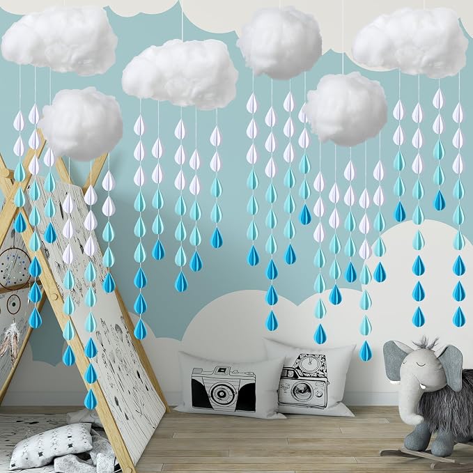Amyhill 30 Pcs Artificial Cloud Raindrop Props 6 Pcs 3D Fake Clouds 24 Raindrop Garlands Room DIY Decorative Hanging Ornament Blue Hanging Rain Drops Decor for Baby Shower Birthday Wedding Party