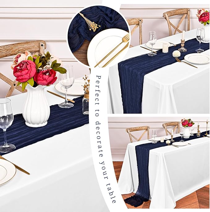 24 Pack Navy Blue Cheesecloth Table Runner,10FT Boho Gauze Table Runner,35x120inch Rustic Table Runners for Wedding Party Bridal Shower Thanksgiving Christmas Boho Table Decoration
