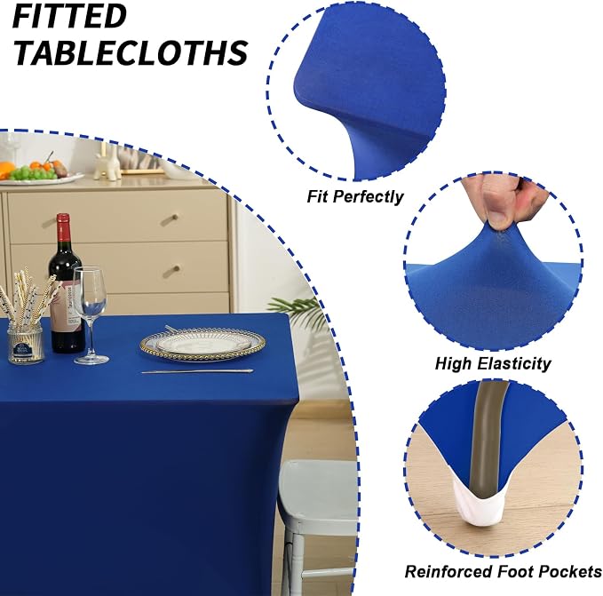 Fixwal 3 Pack Royal Blue Tablecloth Rectangle 6FT, Stretch Spandex Fitted Table Cover for Party, Trade Show, Wedding, Buffet, Graduation, Vendor Stand