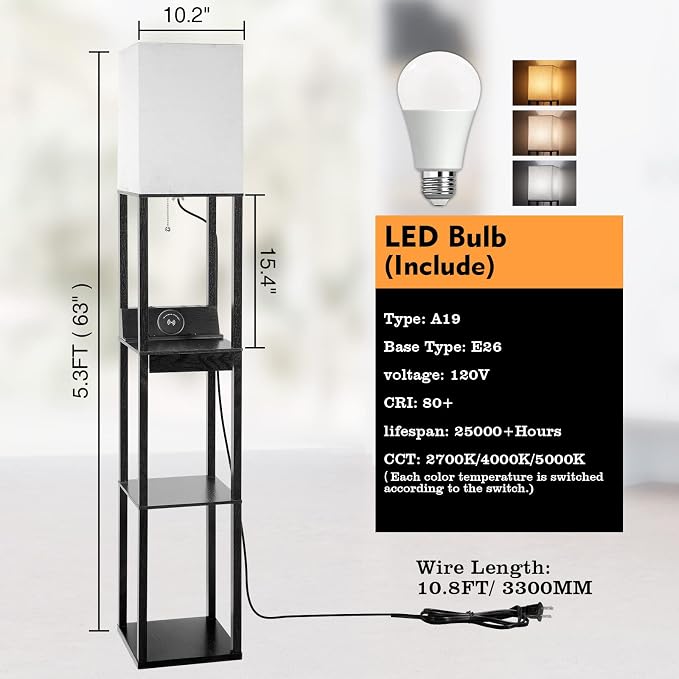 Floor Lamp with Shelves, RUNTOP LED Shelf Floor Lamp with Wireless Charger & 2 Charging USB Ports & Drawer, AC Outlet, 3 Color Temperature Tall Standing Lamp with Bulb for Living Room, Bedroom, Office