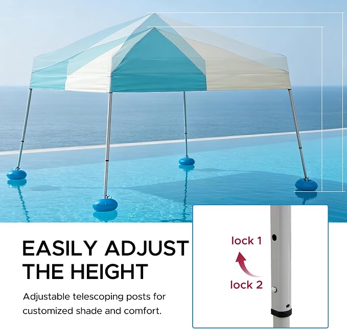 SUNJOY 10x10 FT Floating Pool Canopy Pop Up Gazebo, Gray and Light Blue Water Tent with Steel & Aluminum Frame, PVC Floats, Hand Pump & Carry Bag for Lake, Beach, Pool