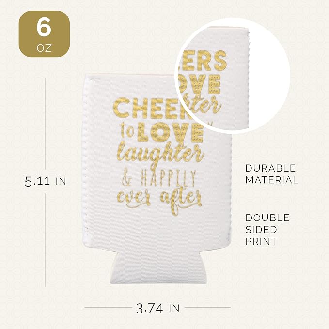 Wedding Can Cooler Decorations Set of 12 - Cheers to Love Laughter and Happily Ever After, Wedding Rehearsal Dinner Decorations - Bridal Showers, Engagement Party Favors for Guests and Supplies