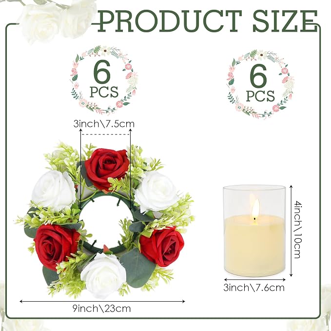 Crimson Rose Candle Rings with Flameless Candles Sets - 12PCS Artificial Flower Eucalyptus Wedding Centerpiece 3 Inch Pillar Candleholders Wreaths for Wedding Party Decor (Crimson - 6 Sets)