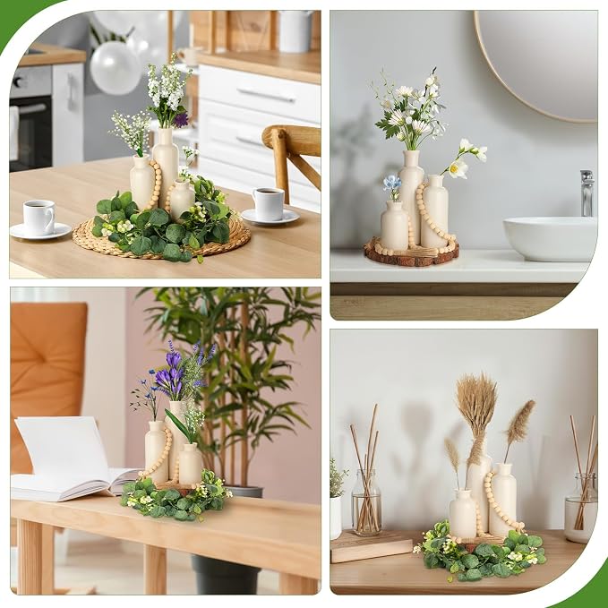 Geelin 6 Pcs Rustic Table Centerpieces, Set of 3 Boho Ceramic Vases, Wooden Serving Tray, Modern Farmhouse Wood Beads Garland Tassel, Artificial Greenery for Home Coffee Tabletop Decor(White)