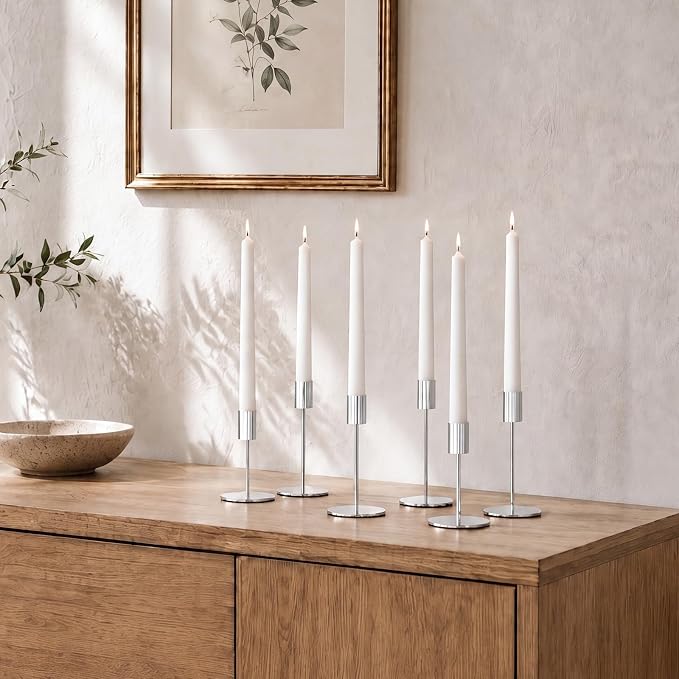 zeochyni Silver Candlestick Holders Set of 6 for Home Decor | Metal Taper Candle Holders in 3 Heights with Weighted Base for Dining, Wedding, Mantel Decor and Housewarming Gift
